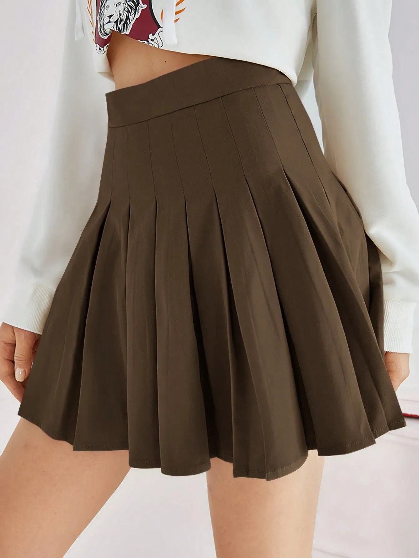 SHEIN EZwear Solid Color Side Zipper Casual Pleated Skirt