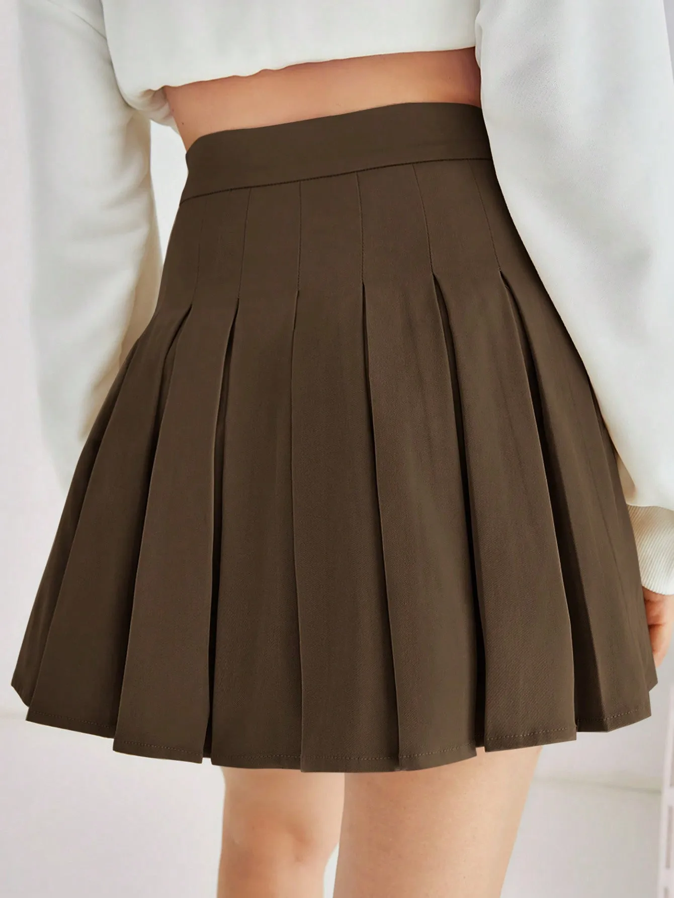 SHEIN EZwear Solid Color Side Zipper Casual Pleated Skirt