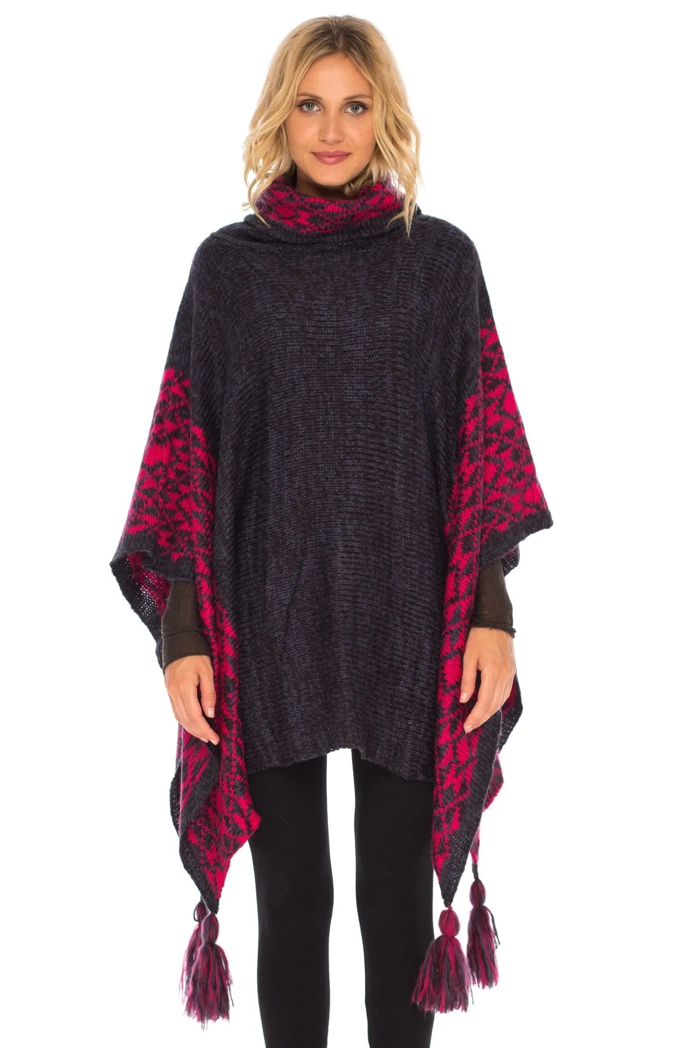 SHU-SHI Women's Knit Poncho | Oversized Cowl Neck Boho Shawl with Tassels | Pullover Sweater Cape