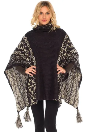 SHU-SHI Women's Knit Poncho | Oversized Cowl Neck Boho Shawl with Tassels | Pullover Sweater Cape