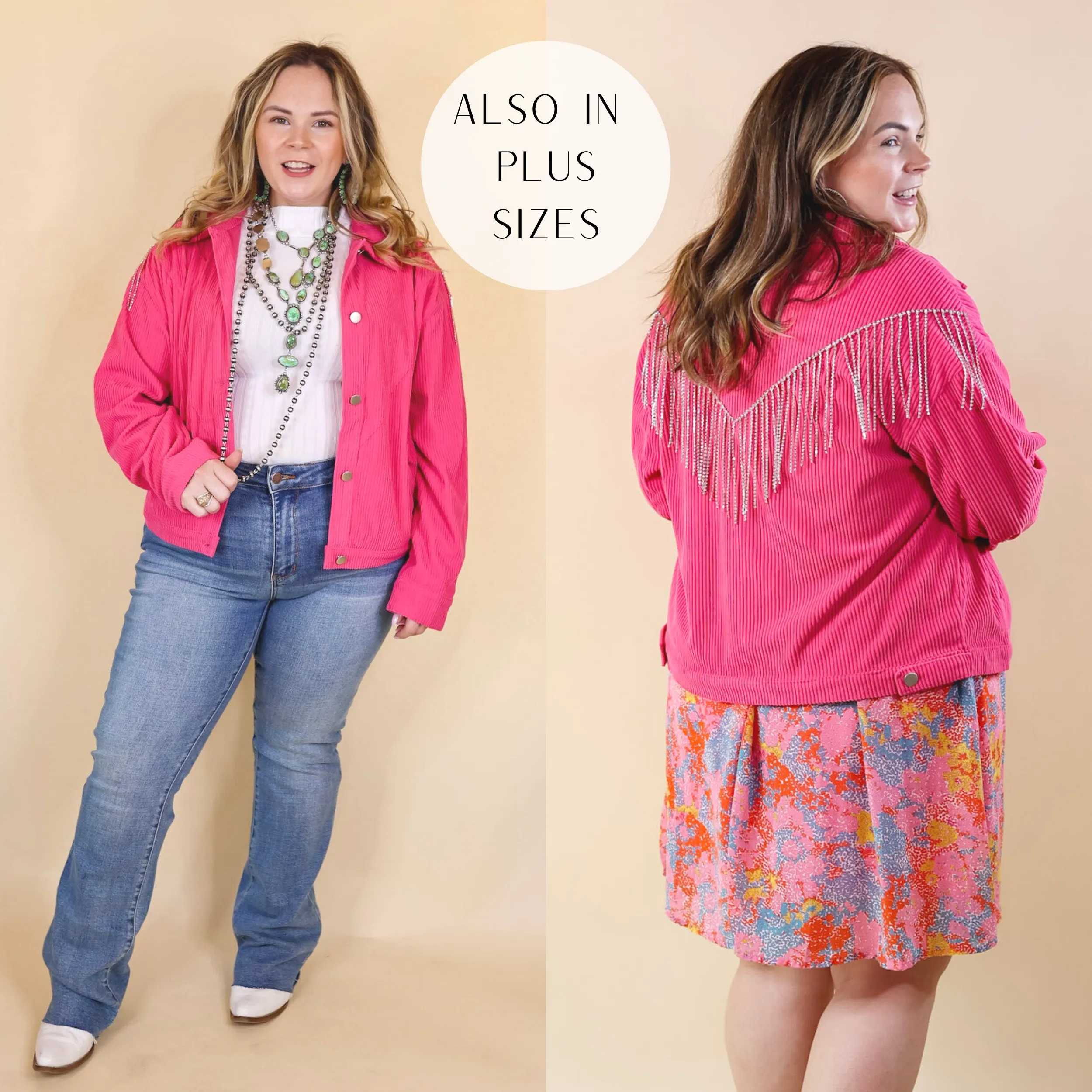 Signature Moves Button Up Corduroy Jacket with Crystal Fringe Back in Hot Pink