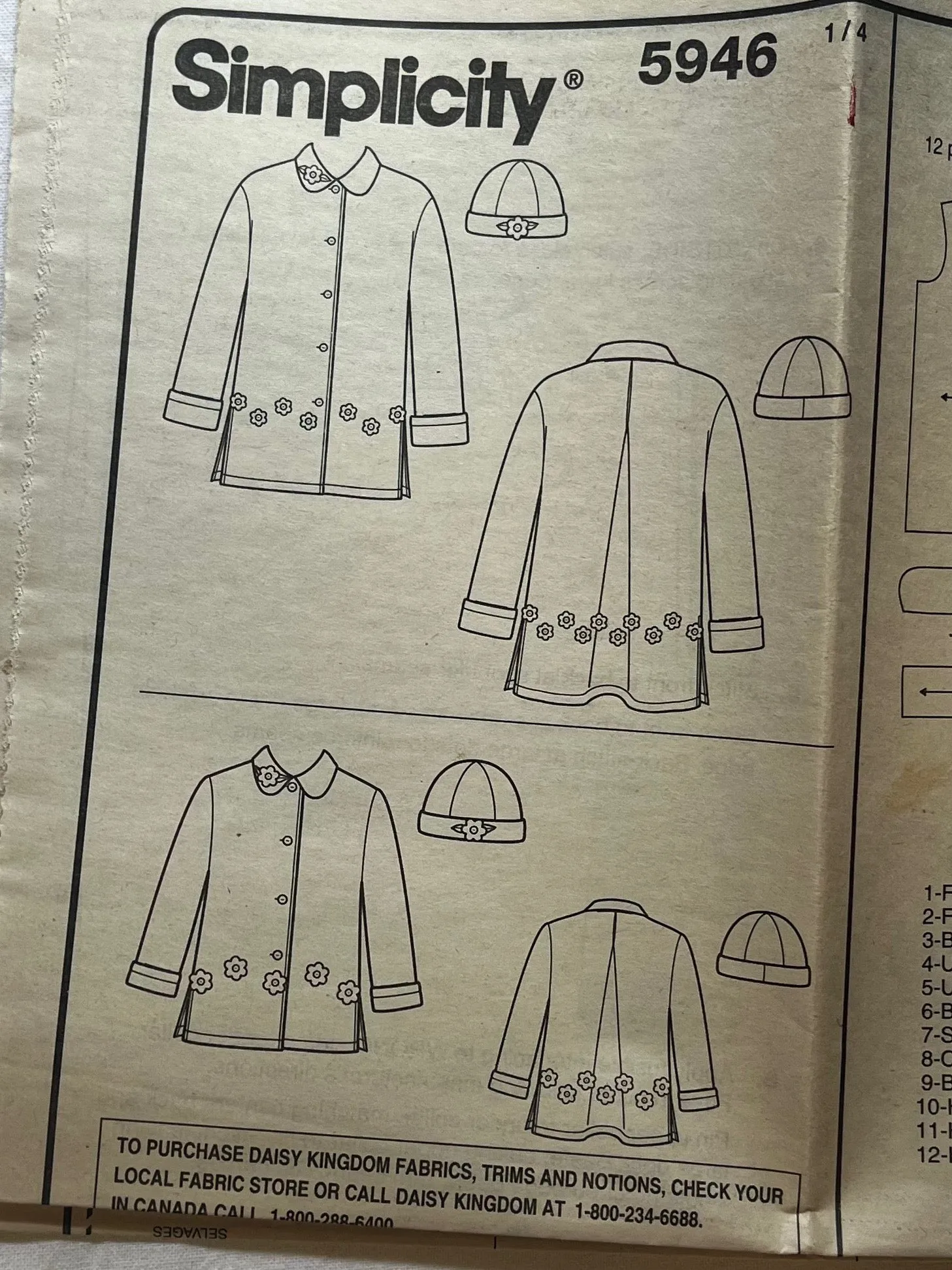 Simplicity 5946 Sewing Pattern UNCUT Child's & Misses Fleece Coat & Hat Sizes XS-XL