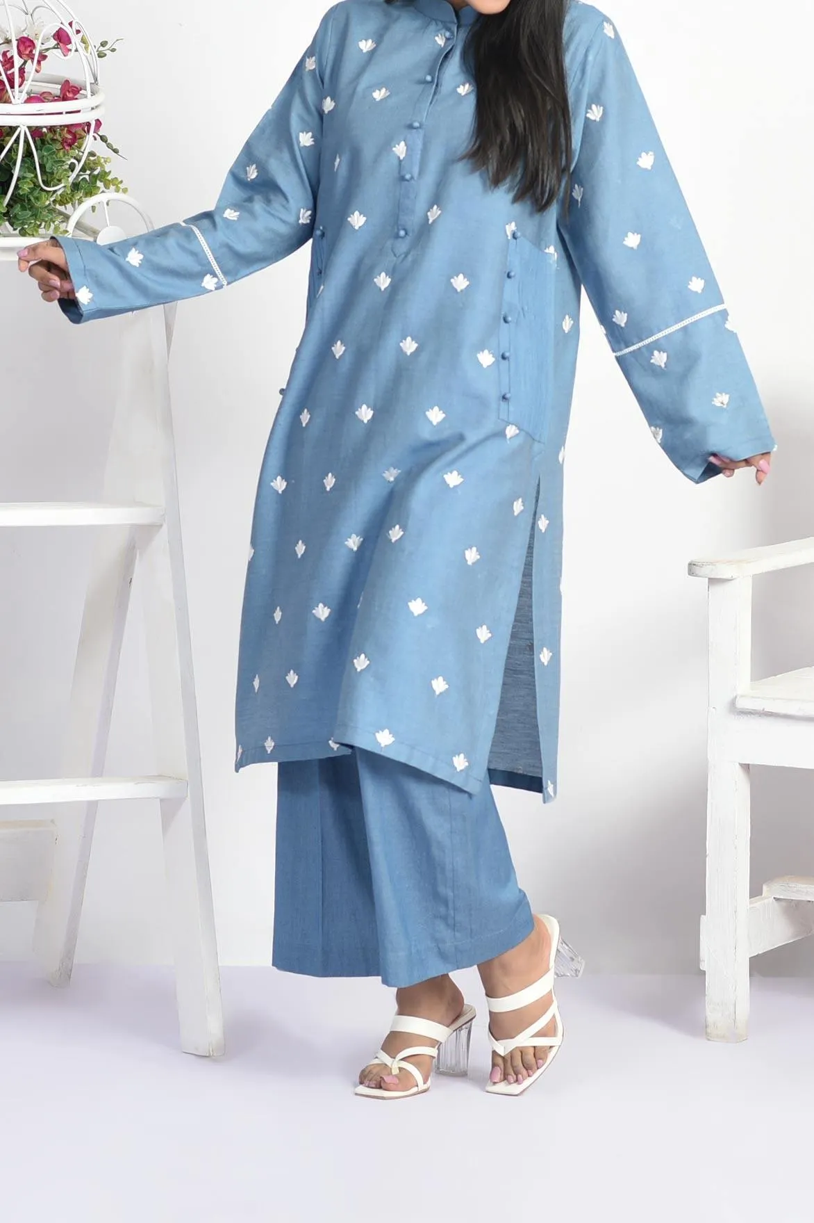 Sky Blue Denim Kurti | Subtle Embroidery | RTW