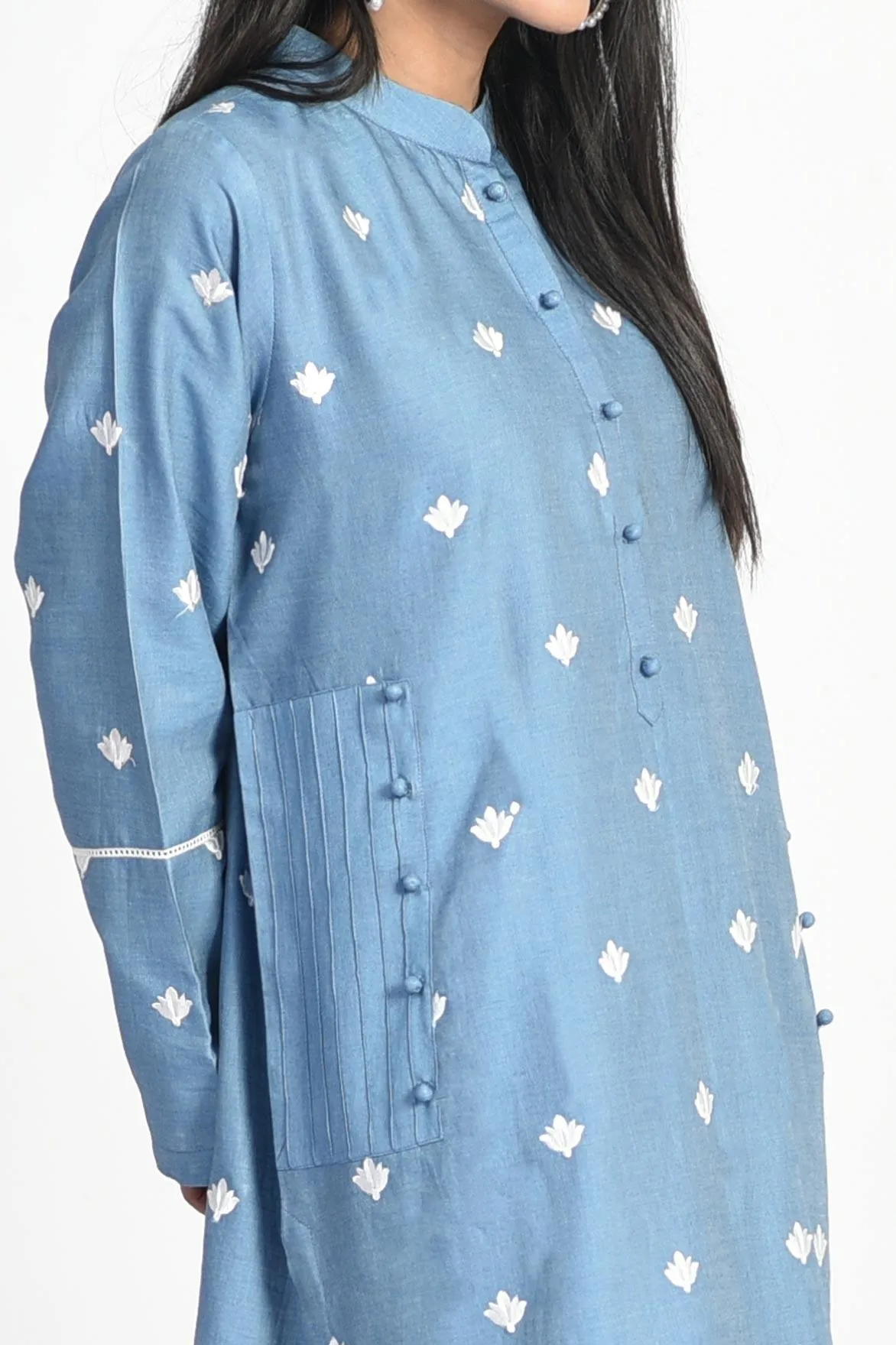 Sky Blue Denim Kurti | Subtle Embroidery | RTW