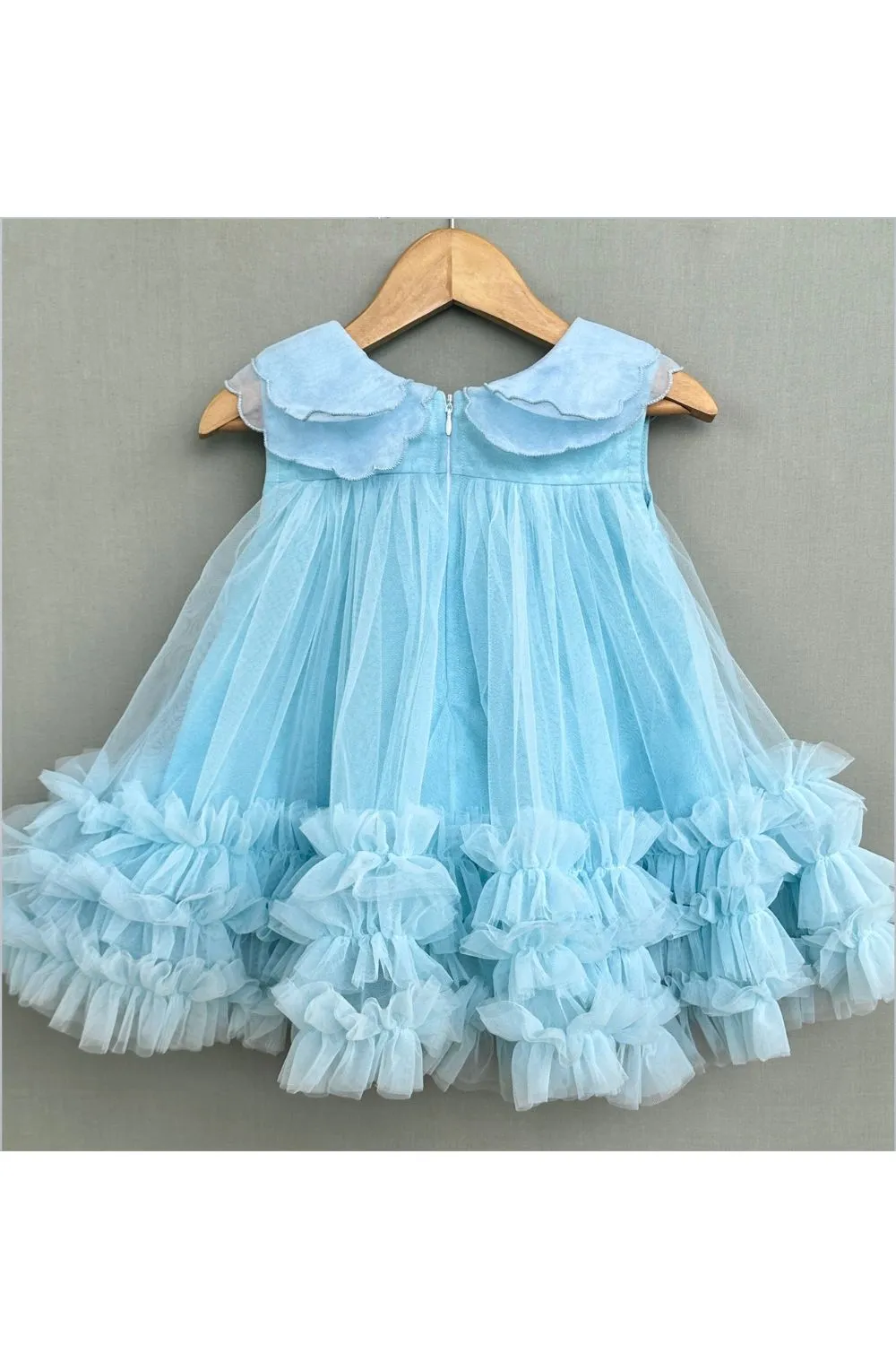 Sky Blue Organza Embroidered Cape Collar Dress