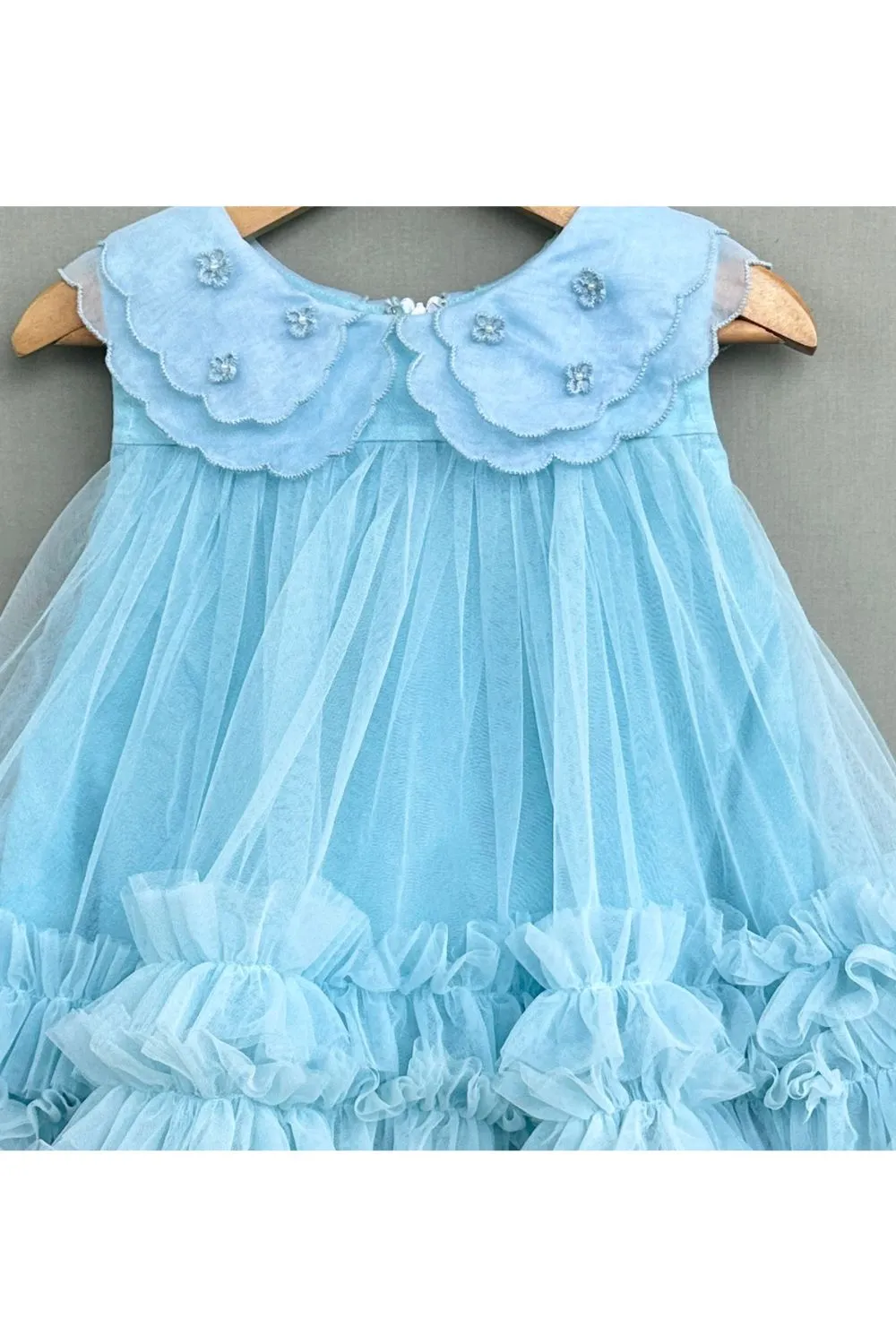 Sky Blue Organza Embroidered Cape Collar Dress