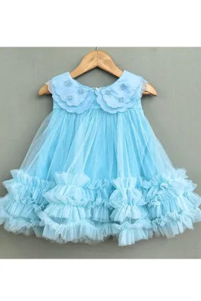 Sky Blue Organza Embroidered Cape Collar Dress