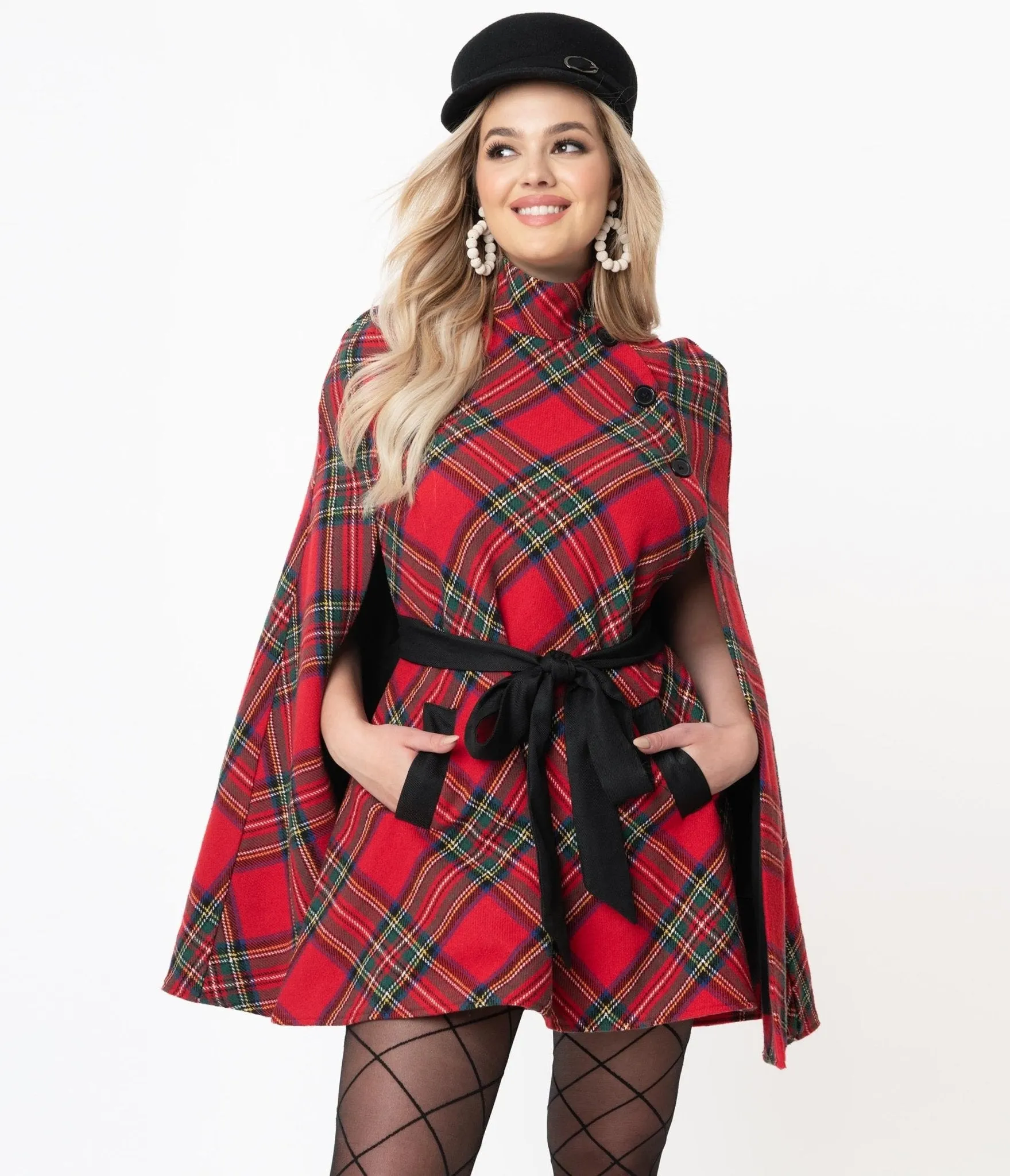 Smak Parlour Red Plaid Savile Row Cape Coat