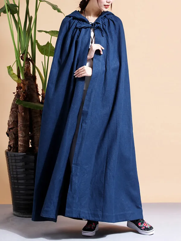 Solid Color Hooded Linen Cape Coat