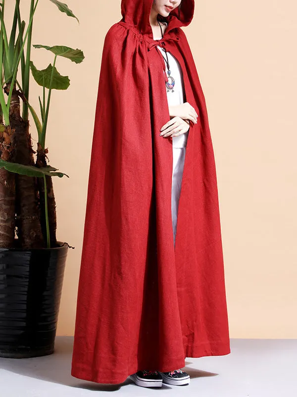 Solid Color Hooded Linen Cape Coat