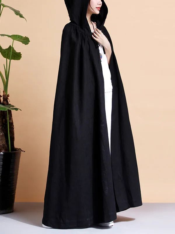 Solid Color Hooded Linen Cape Coat