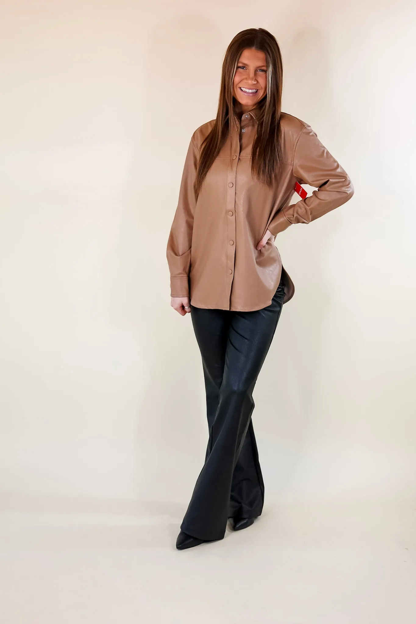 SPANX | Leather-Like Long Sleeve Oversized Shacket in Toffee