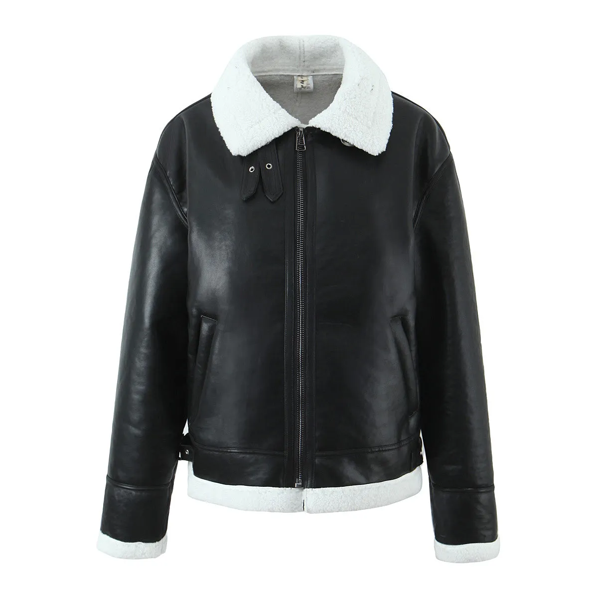 Spring Wind Black Thickened Fleece Warm Collared Zipper Leather Jacket Coat Leather Coat