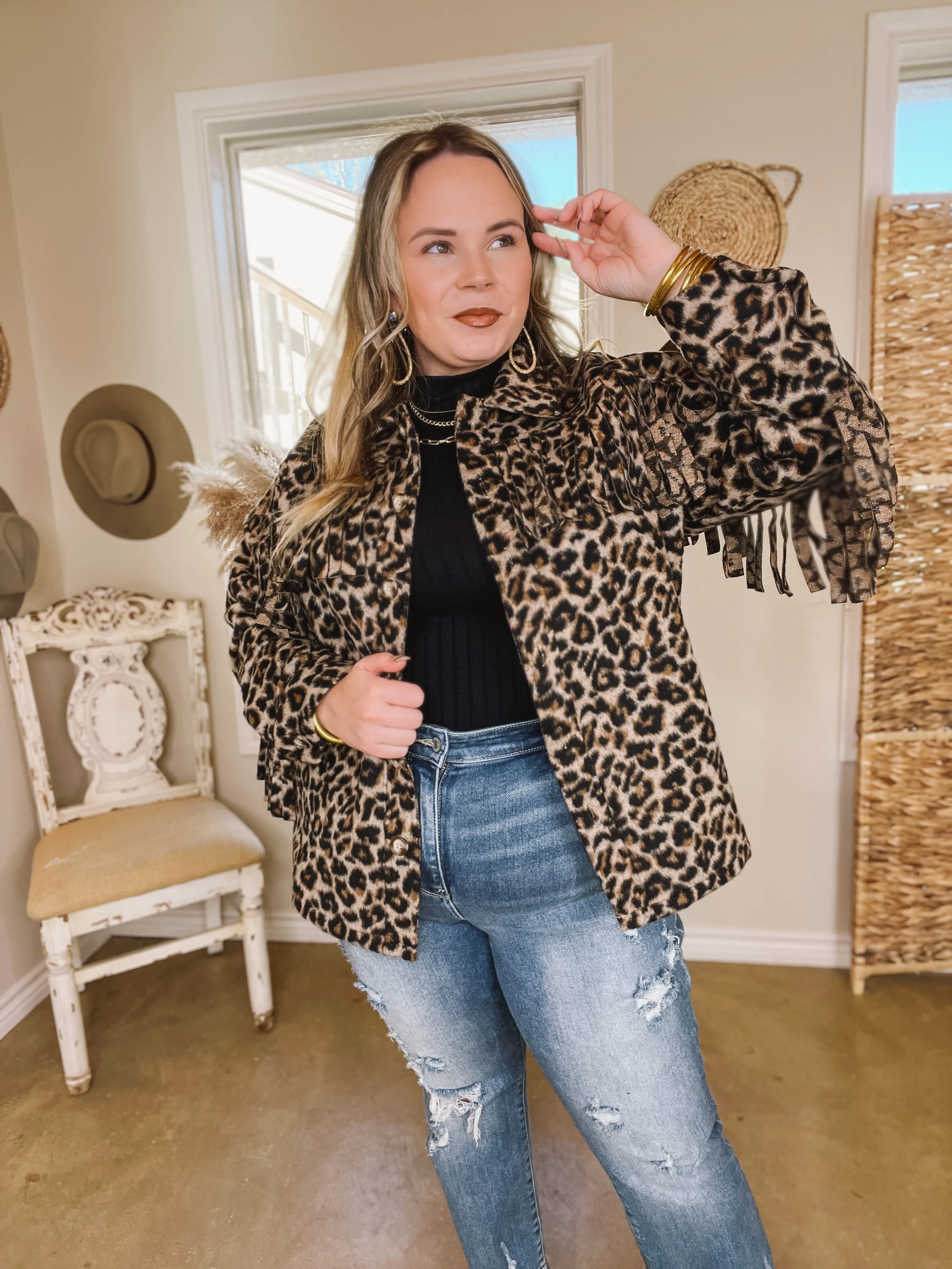 Take Over Leopard Print Button Up Jacket with Fringe in Brown