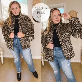 Take Over Leopard Print Button Up Jacket with Fringe in Brown