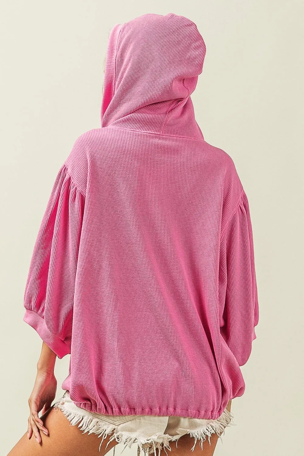 TEEK - Fuchsia Waffle-Knit Big Sleeved Half Zip Hoodie