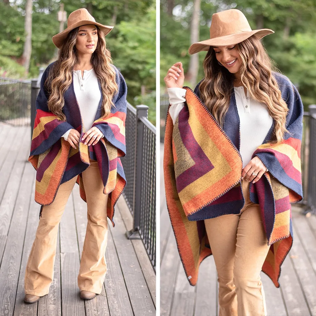 Traveling Out West Navy Multicolored Poncho