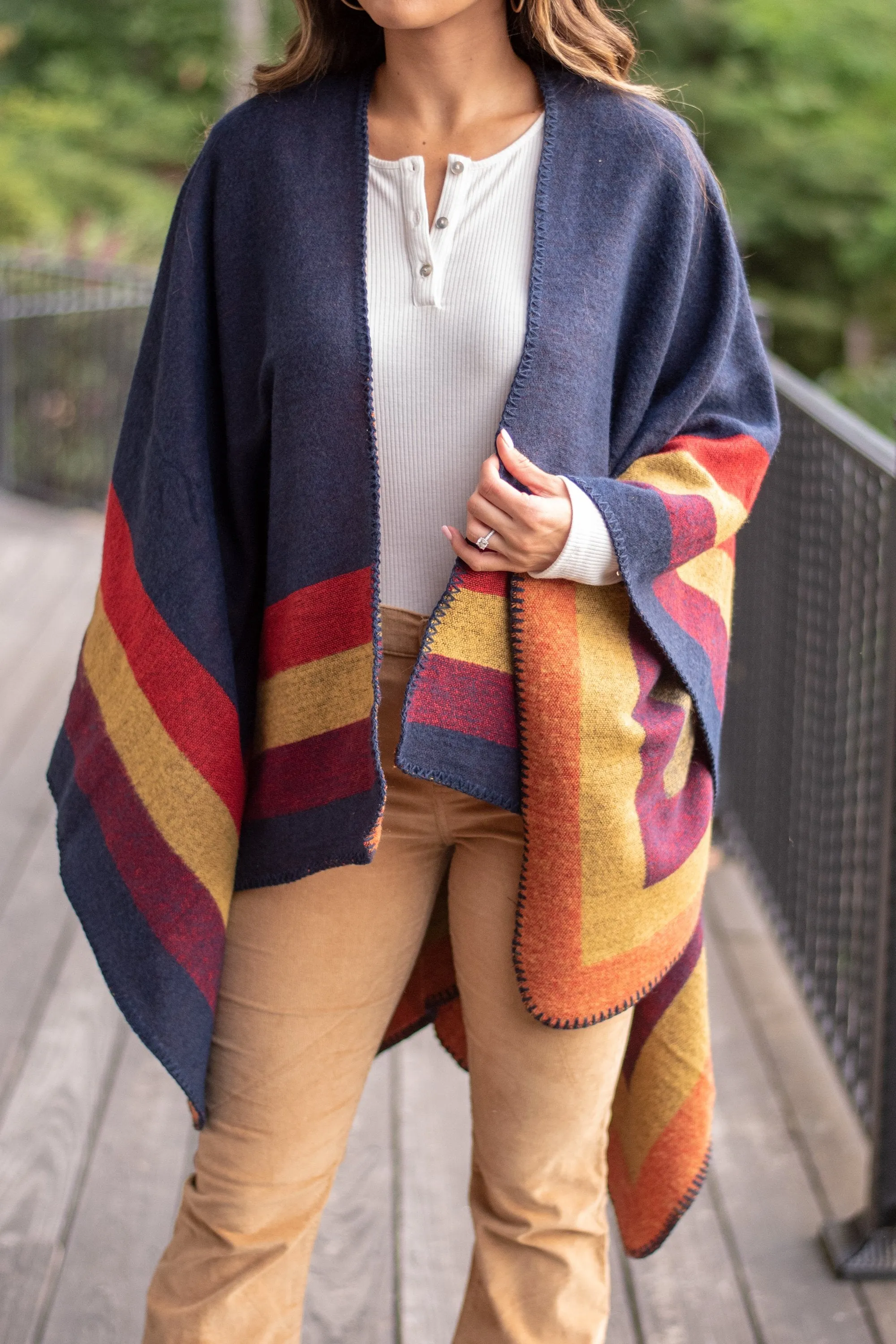 Traveling Out West Navy Multicolored Poncho