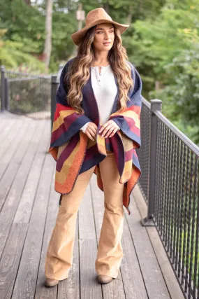 Traveling Out West Navy Multicolored Poncho