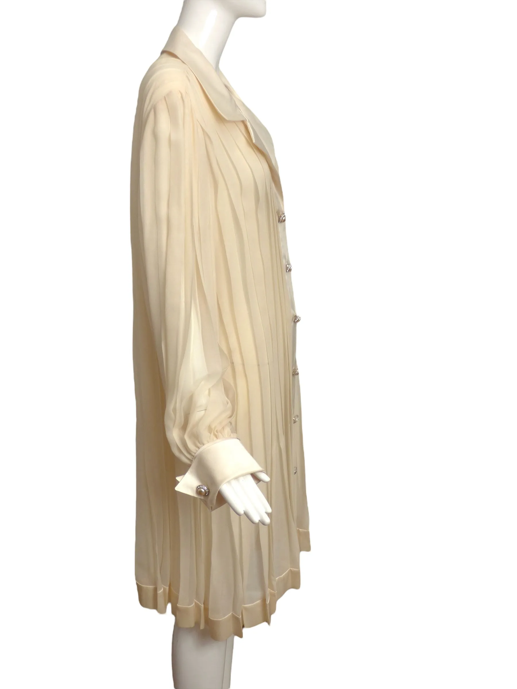 TRAVILLA- 1980s Ivory Chiffon Pleat Dress, Size 8