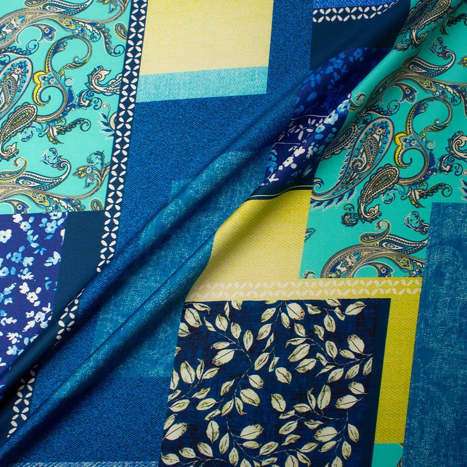 Turquoise & Royal Blue Floral Patchwork Silk Twill