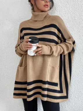 Turtleneck Striped Bat Sleeve Cape Sweater Coat