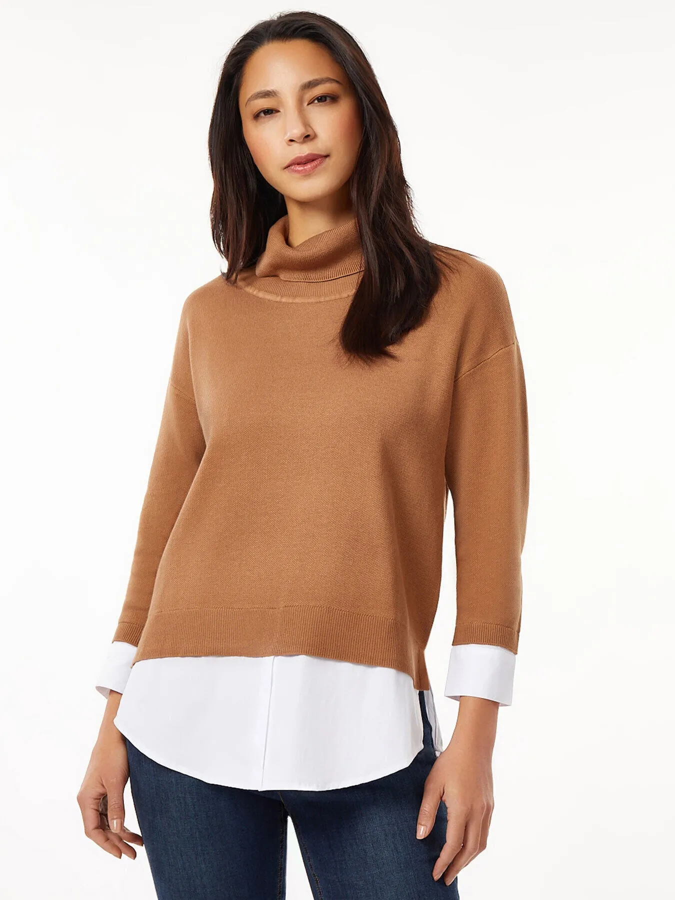 Turtleneck Sweater Woven Shirt Combo Top