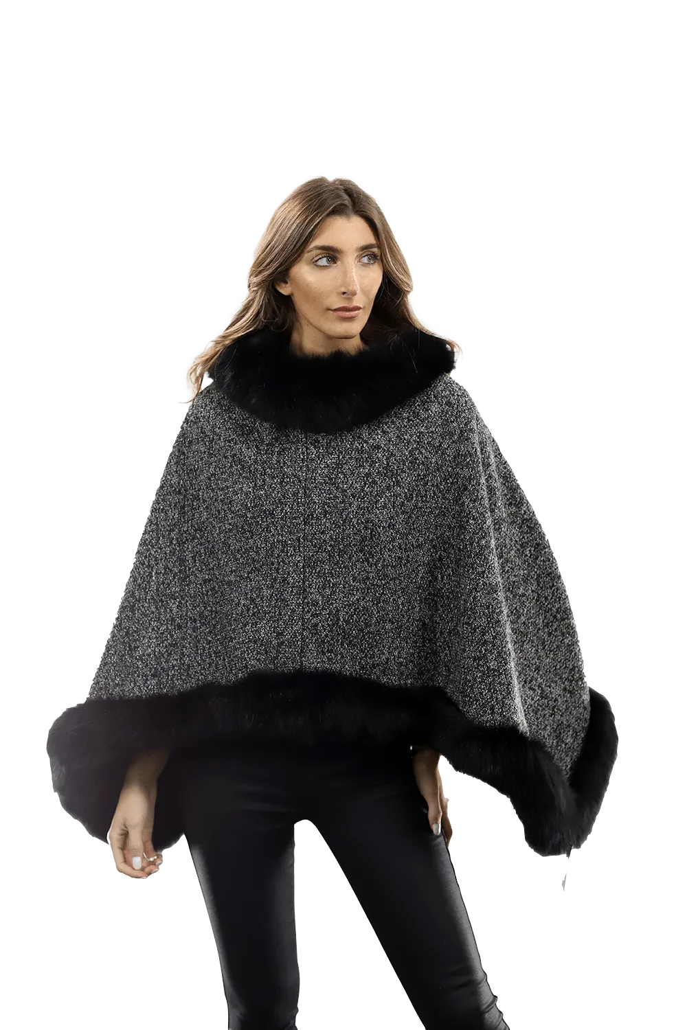 Tweed Poncho with Fur Trim - Dark Grey