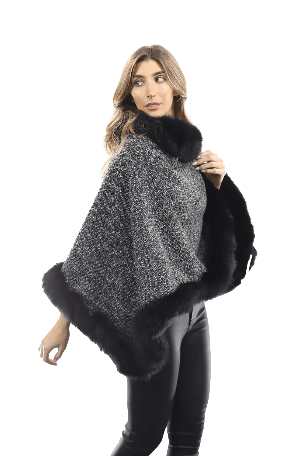 Tweed Poncho with Fur Trim - Dark Grey