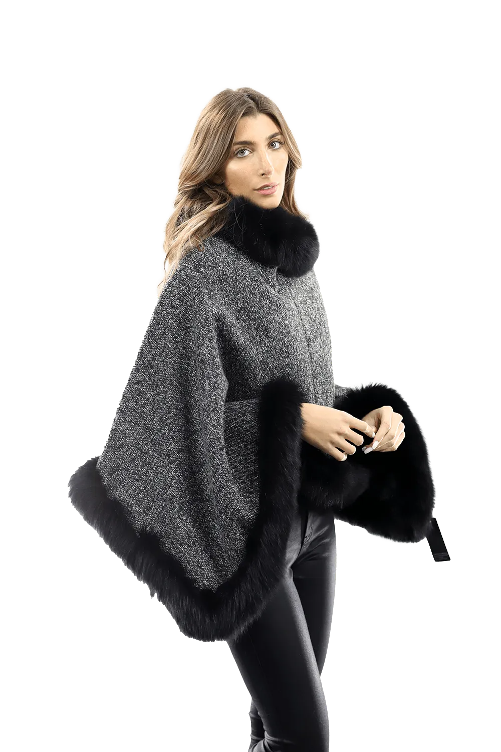 Tweed Poncho with Fur Trim - Dark Grey