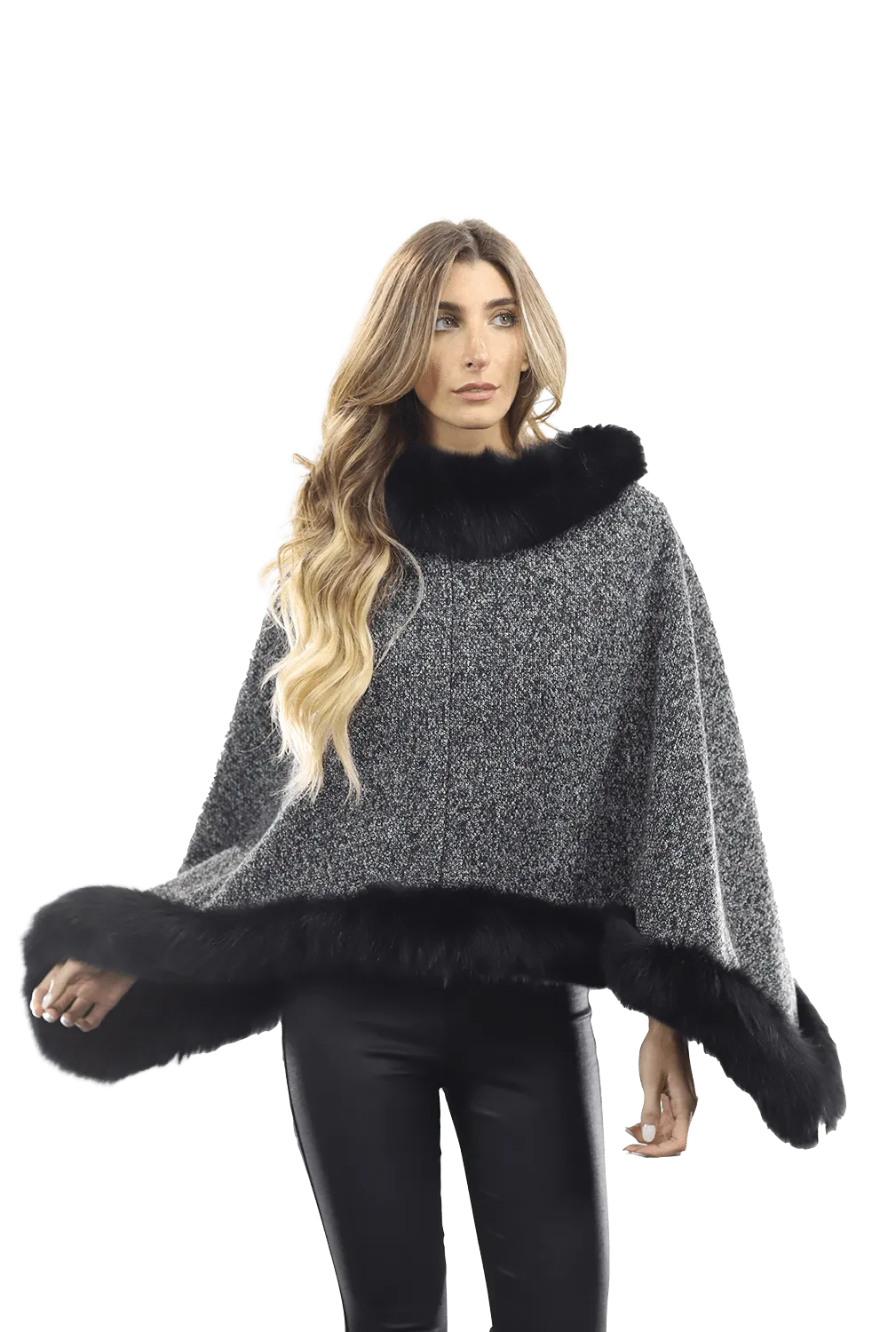 Tweed Poncho with Fur Trim - Dark Grey