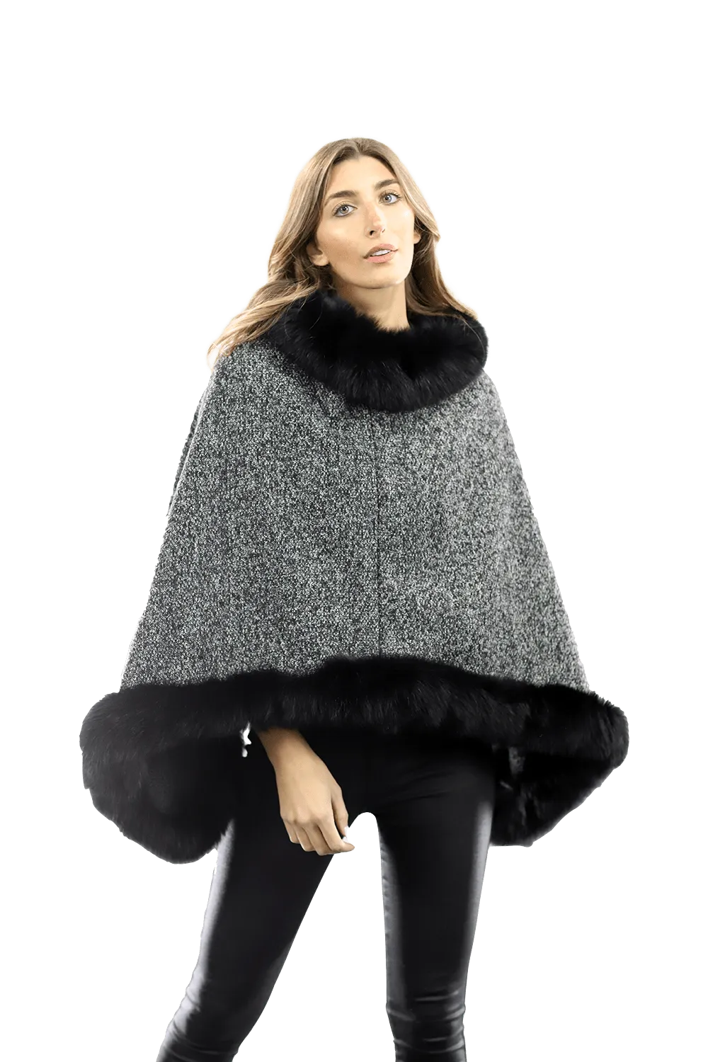 Tweed Poncho with Fur Trim - Dark Grey