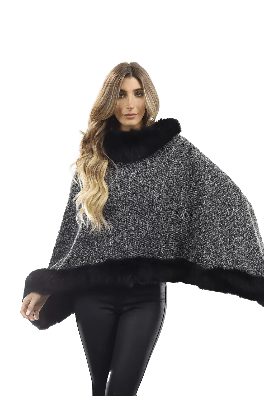 Tweed Poncho with Fur Trim - Dark Grey