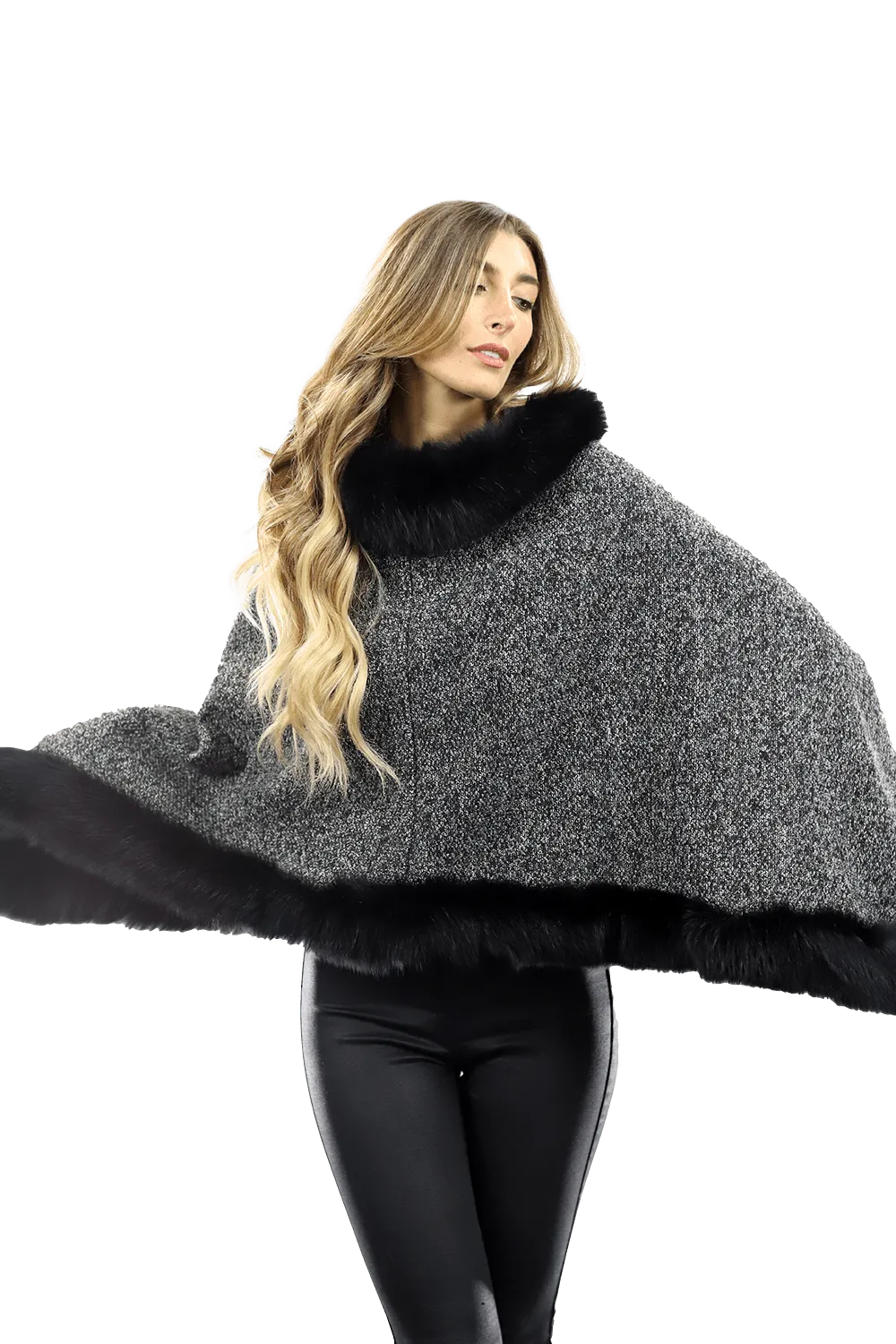 Tweed Poncho with Fur Trim - Dark Grey