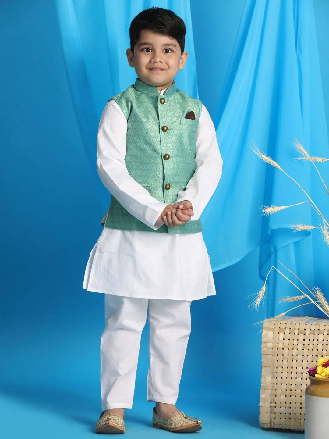 VASTRAMAY Boy's Light Green Woven Jacket With White Kurta and Pyjama Set