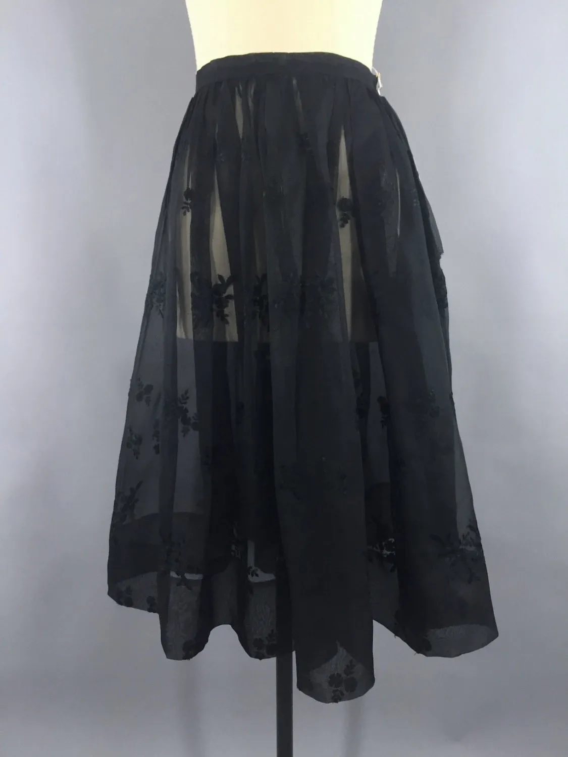 Vintage 1950s Skirt / Black Chiffon Organdy