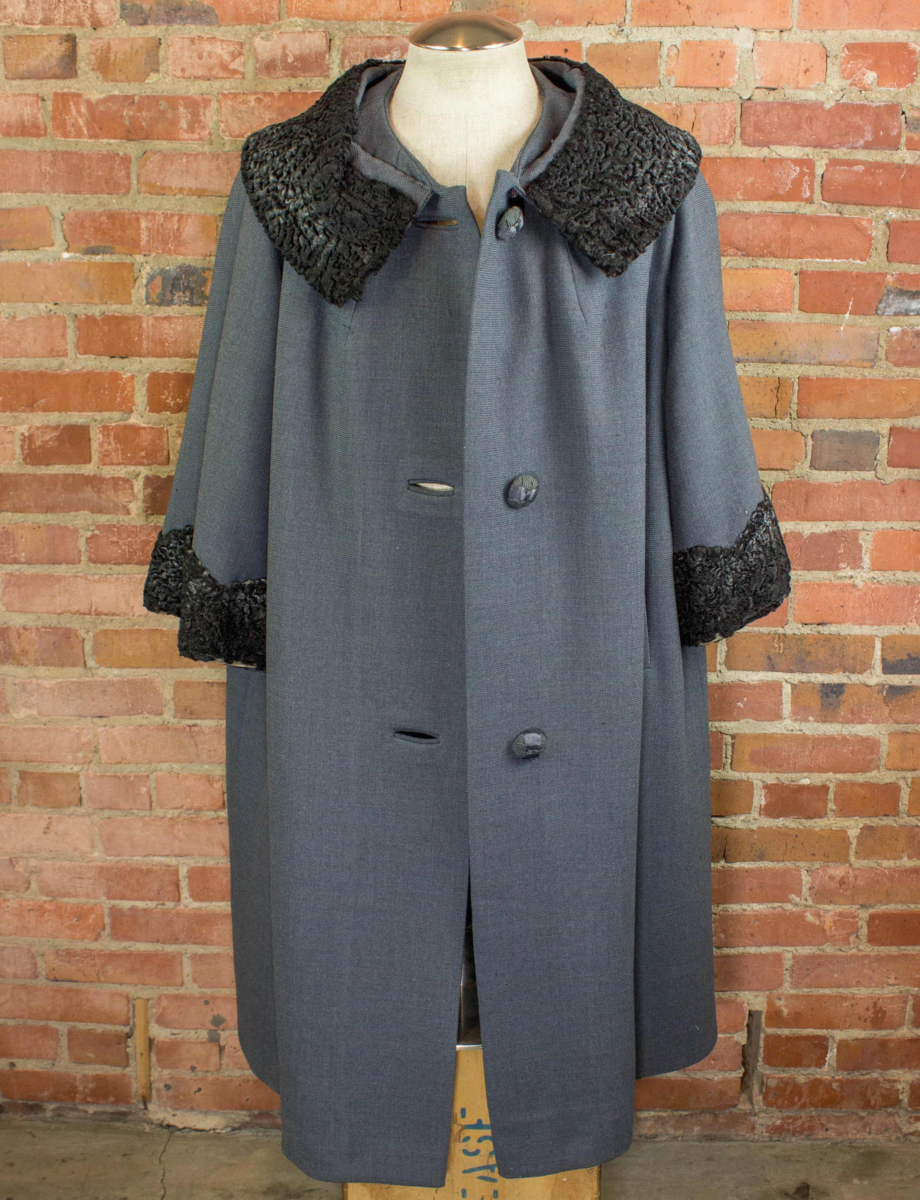 Vintage 50s Women's Overcoat With Black Shearling Collar and Sleeves Size Medium-Large