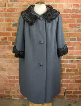 Vintage 50s Women's Overcoat With Black Shearling Collar and Sleeves Size Medium-Large