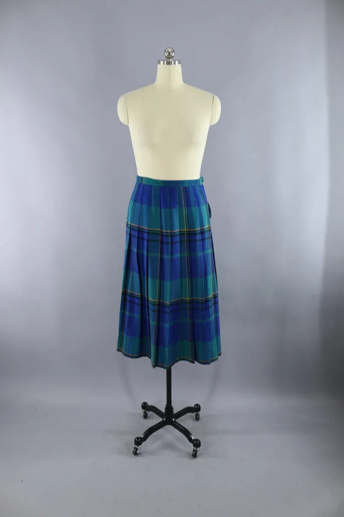 Vintage Blue and Green Tartan Plaid Kilt Midi Skirt