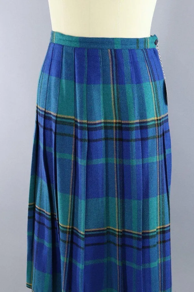 Vintage Blue and Green Tartan Plaid Kilt Midi Skirt