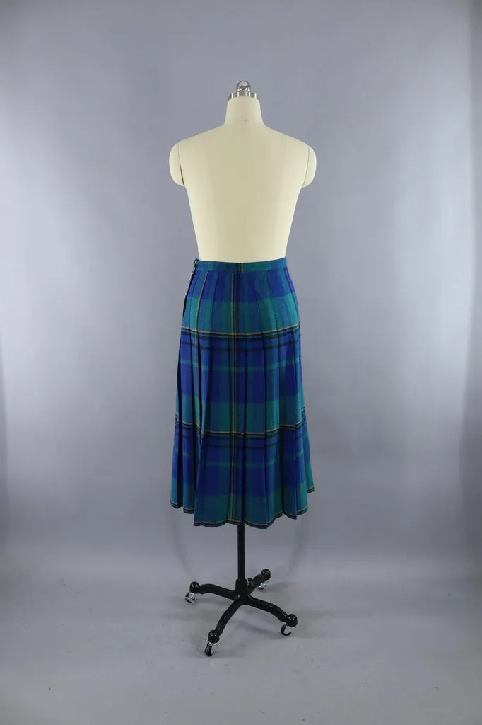 Vintage Blue and Green Tartan Plaid Kilt Midi Skirt