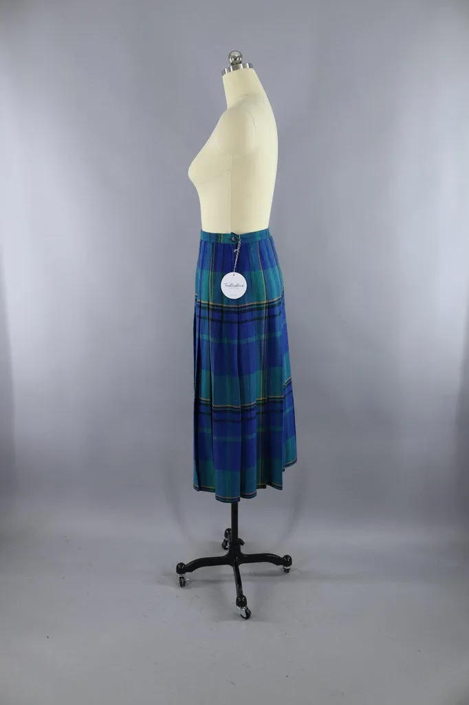 Vintage Blue and Green Tartan Plaid Kilt Midi Skirt