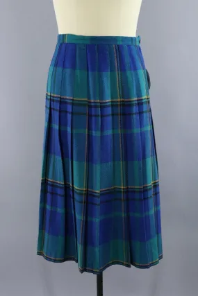 Vintage Blue and Green Tartan Plaid Kilt Midi Skirt