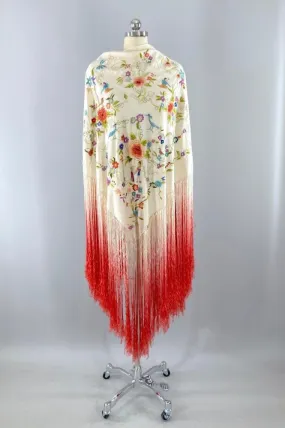 Vintage Embroidered Silk Fringed Piano Shawl