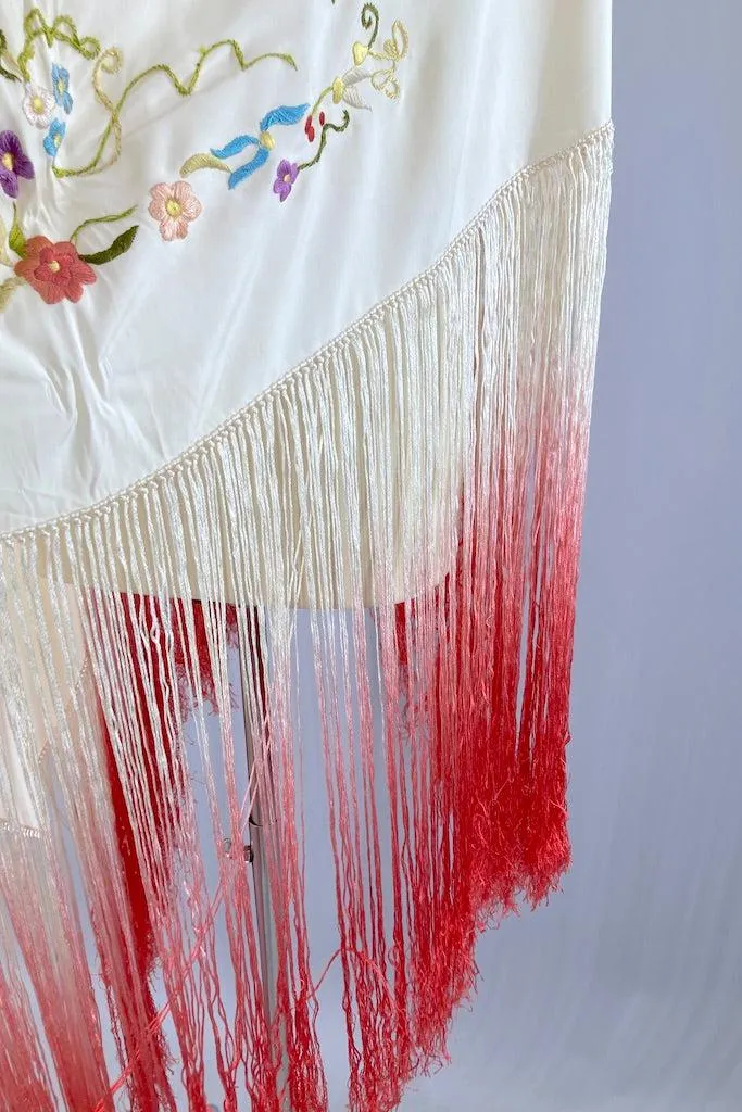 Vintage Embroidered Silk Fringed Piano Shawl