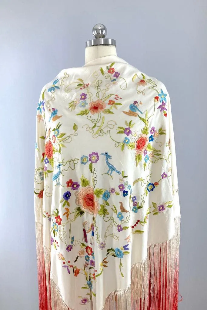 Vintage Embroidered Silk Fringed Piano Shawl