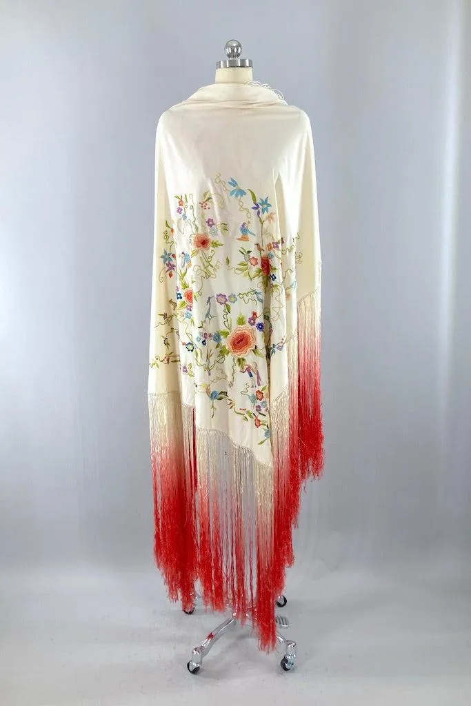 Vintage Embroidered Silk Fringed Piano Shawl