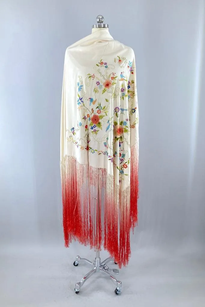 Vintage Embroidered Silk Fringed Piano Shawl