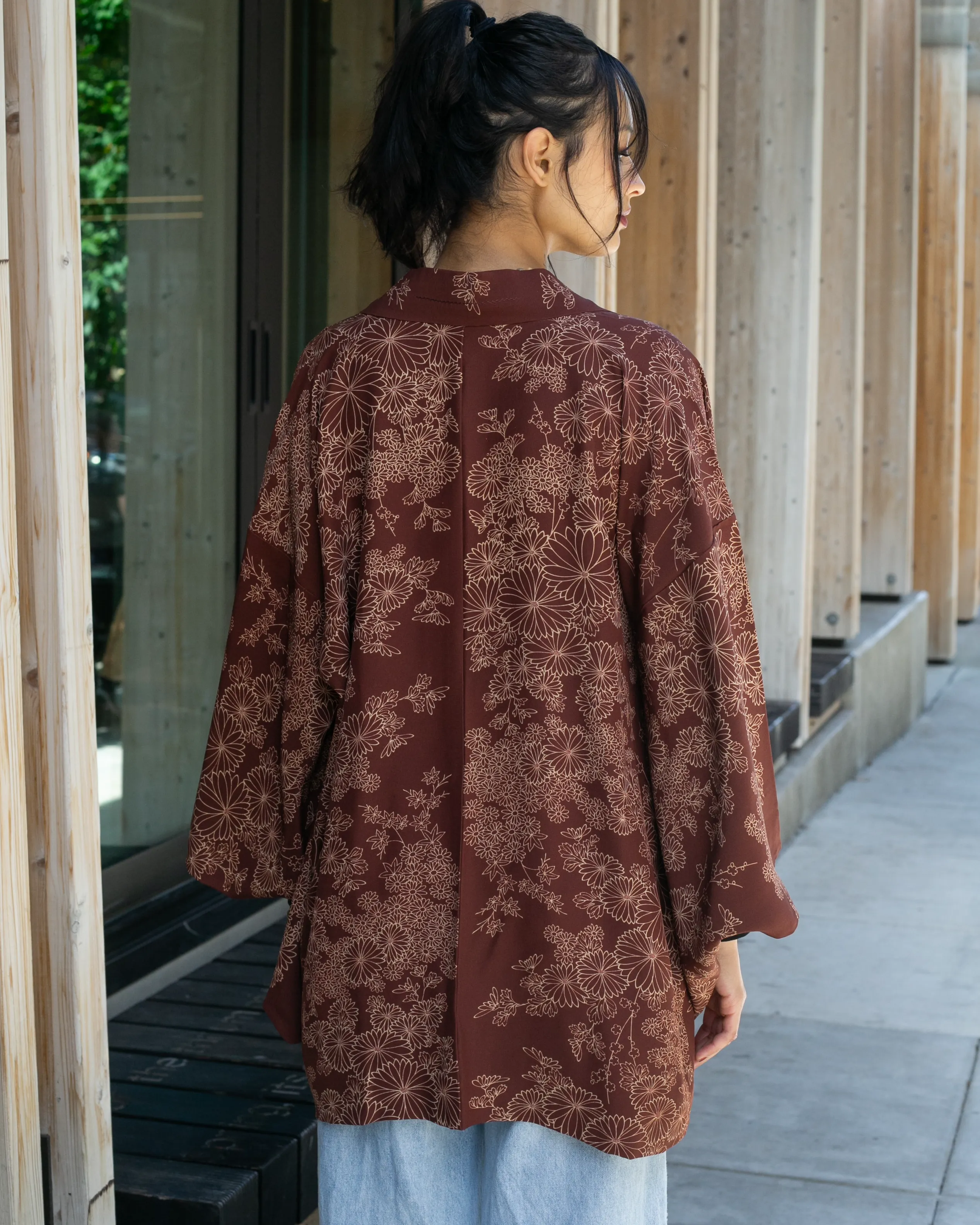 Vintage Haori Jacket, Brown with Cream Daisies