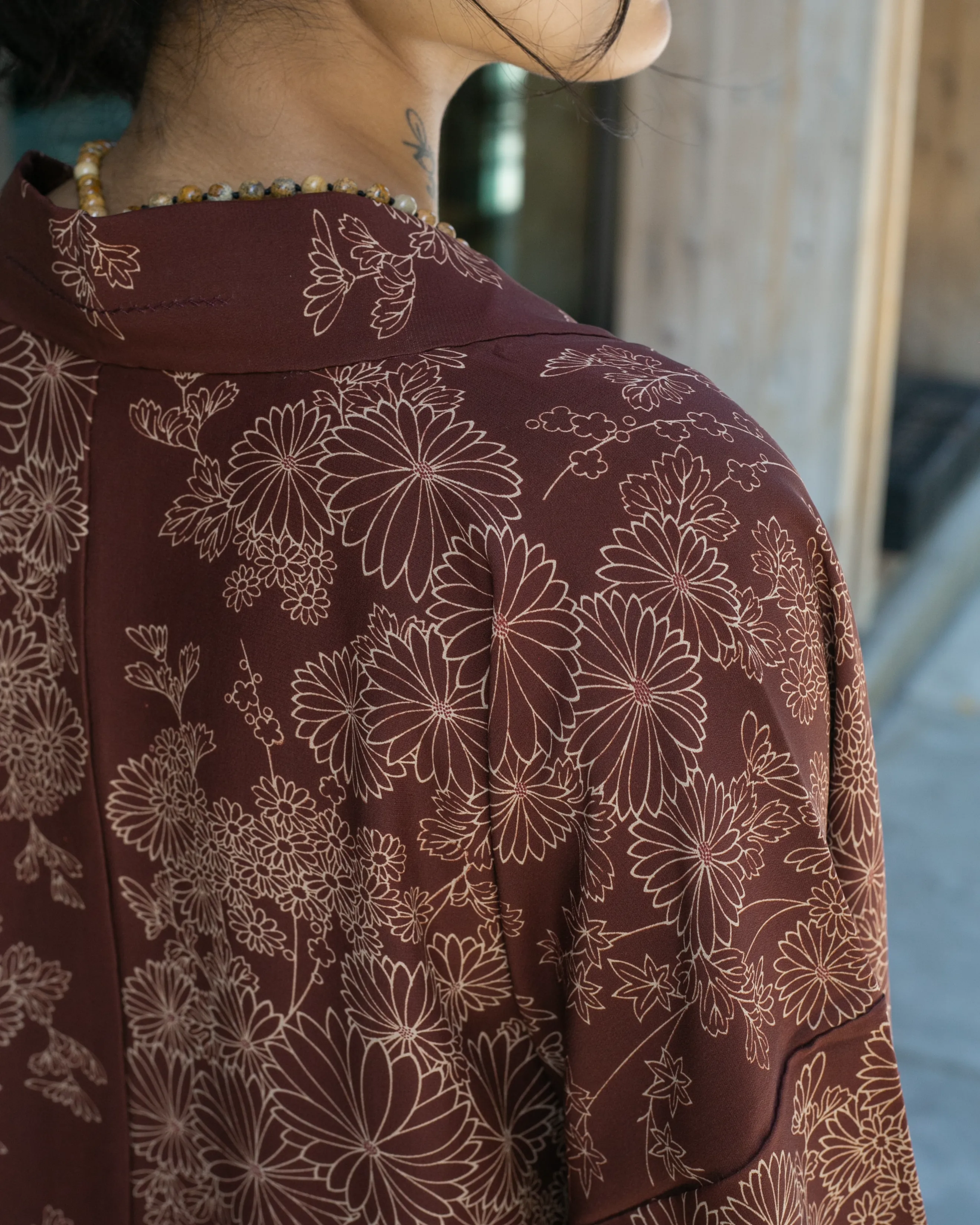 Vintage Haori Jacket, Brown with Cream Daisies